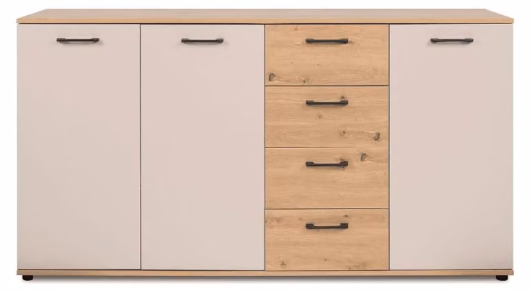 Calicosy - Credenza 3 ante, 4 cassetti effetto rovere e cachemire L160 cm - LINO