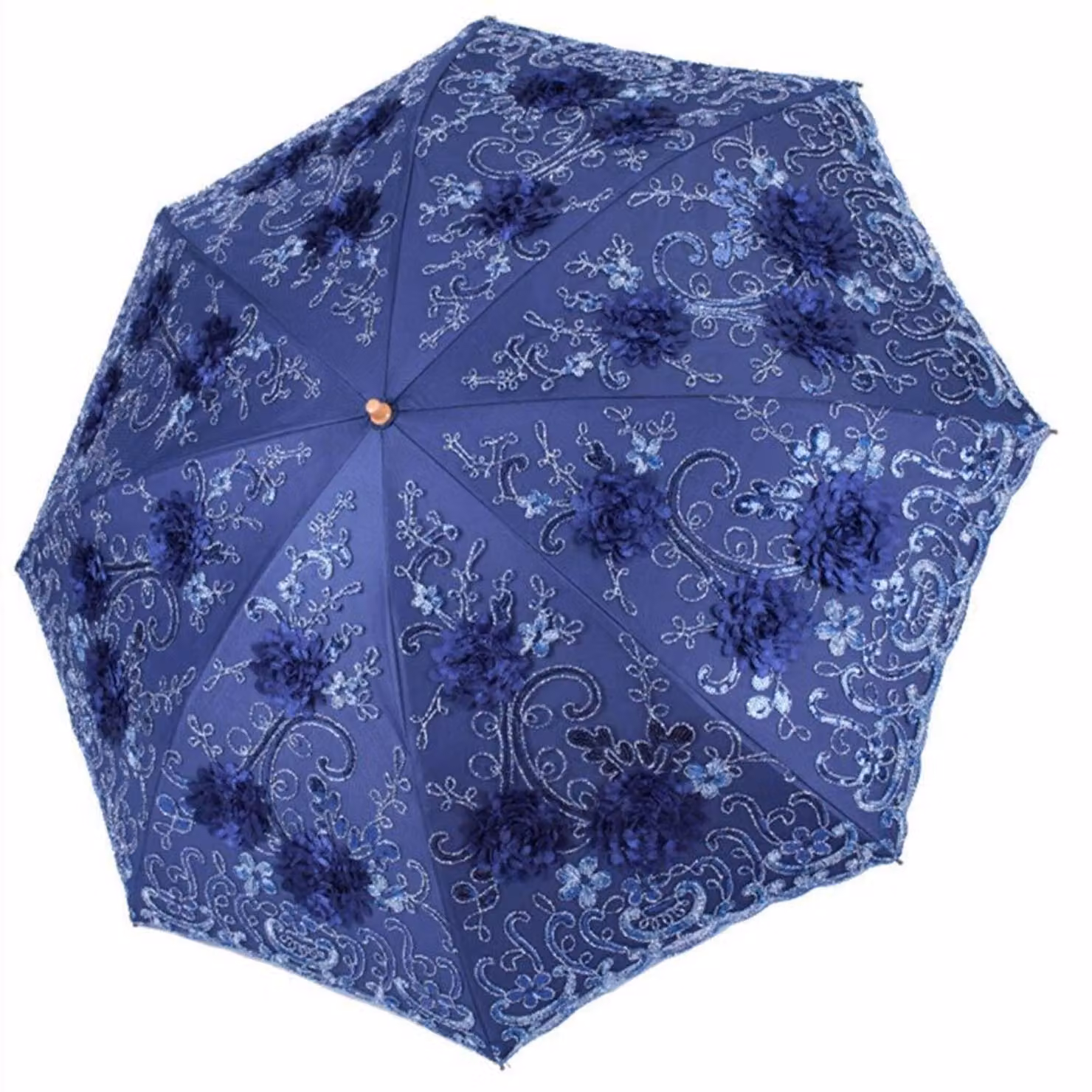 Ombrello pieghevole vintage, con pizzo, protezione UV, blu navy, diametro 85 cm