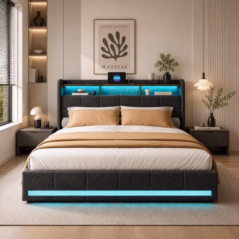 Letto imbottito INONEFT, 140x190 cm, con illuminazione LED e prese USB, letto singolo per ragazzi con 4 cassetti e 3 vani portaoggetti, tessuto in lino, colore grigio