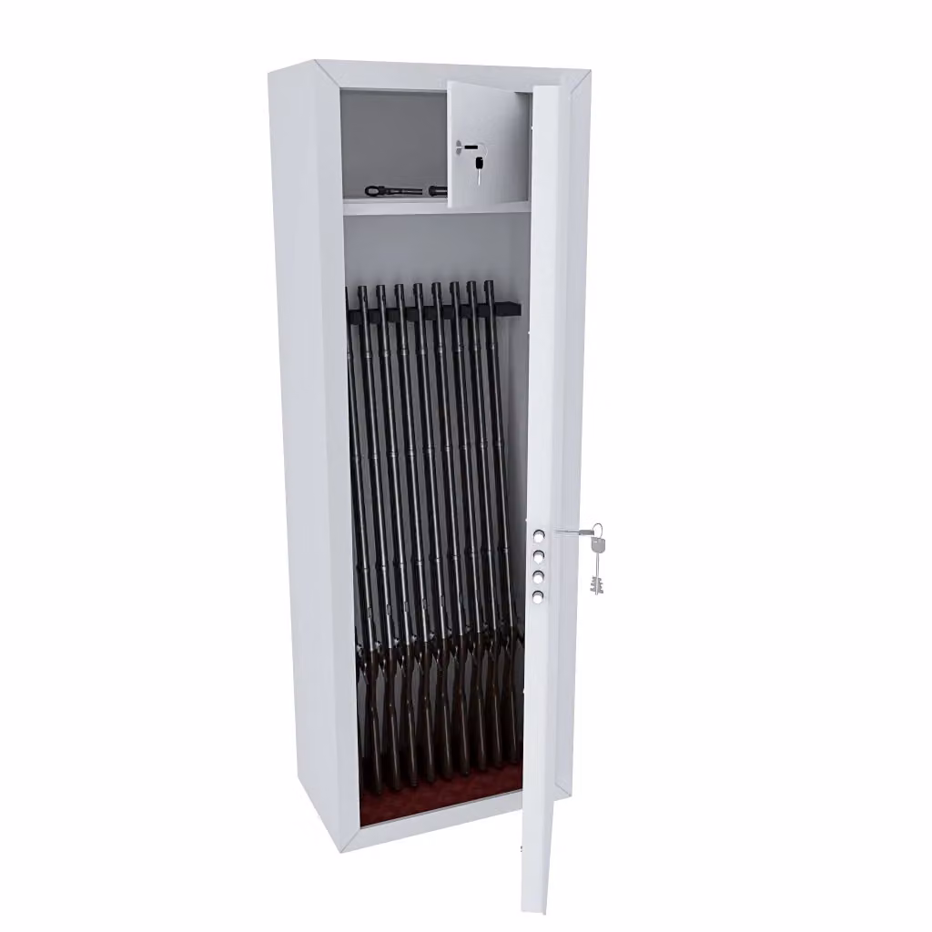 Armadio Blindato Portafucili MEGAOFFERTE in Acciaio con Cassetto Tesoretto e Serratura a Doppia Mappa, 10 Posti, Colore Bianco Opaco, H: 148 cm, L: 53.5 cm, P: 32 cm – 2