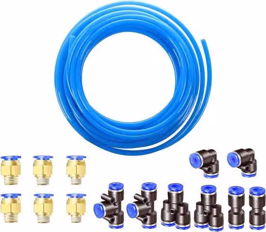 Tubo pneumatico inPoliuretanoda 10 metri, Ø 12 mm x ID 8 mm, blu, lunghezza 10 m, 14 raccordi pneumatici
