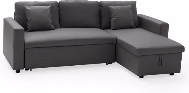 CLARK Divano letto angolare a 3 posti grigio con struttura in legno e rivestimento in ecopelle