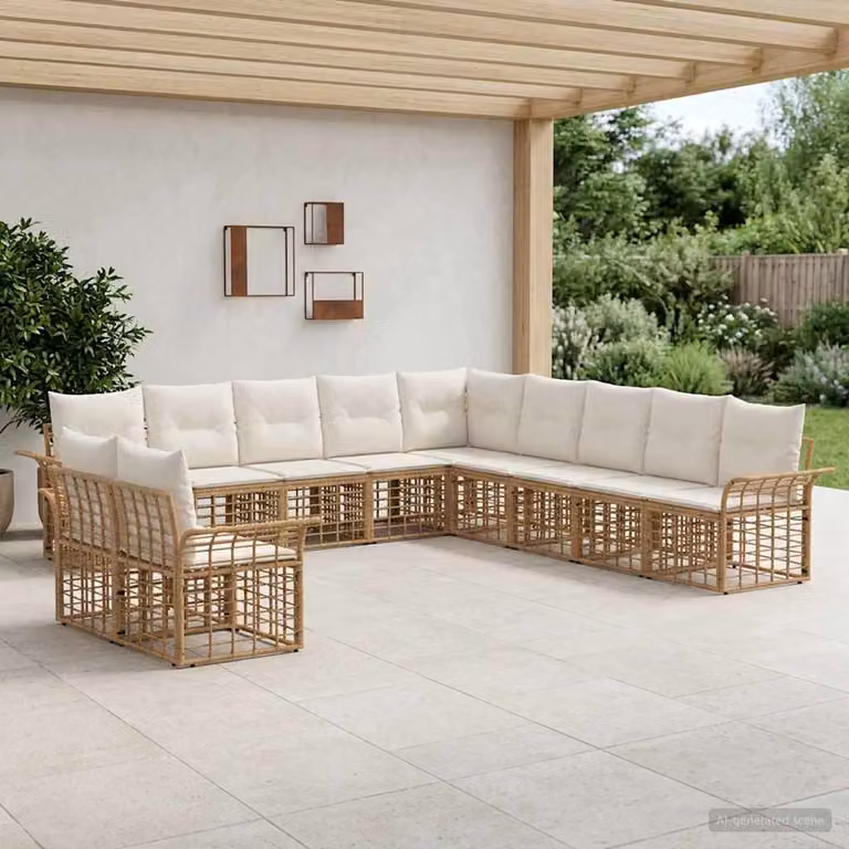 Set di divani da esterno vidaXL 11 pezzi a forma di L in stile rustico, colore beige e bianco crema con struttura in metallo e cuscini inclusi