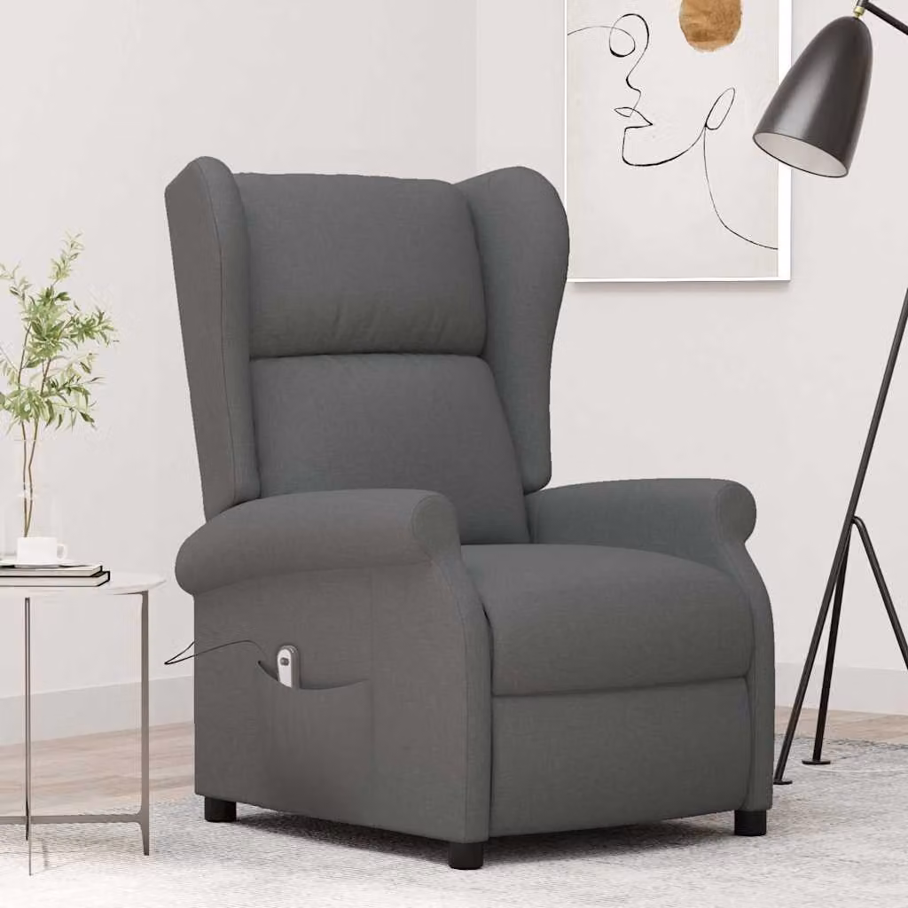 Poltrona ad ala reclinabile elettrica vidaXL in tessuto grigio scuro con struttura in legno e metallo L/P/H: 95.0 x 103.0 x 73.0 cm