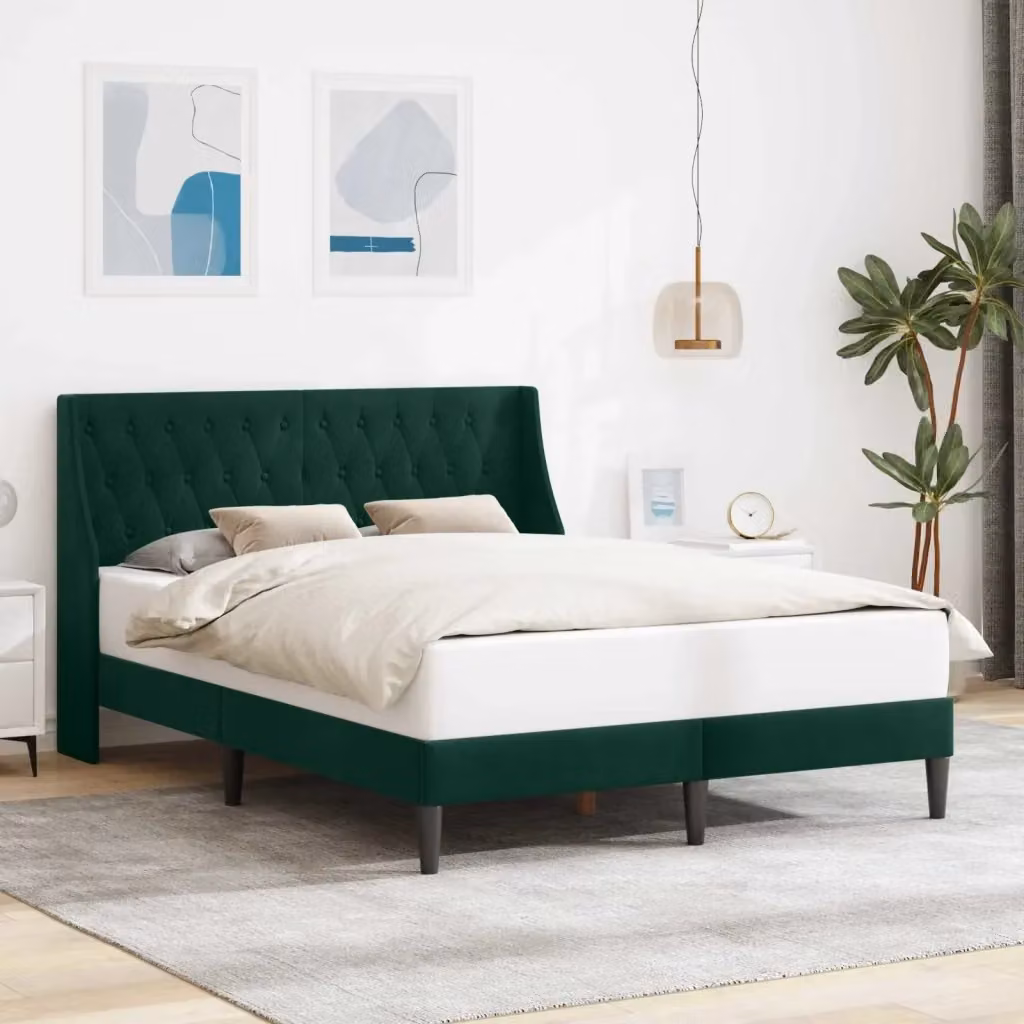 Letto matrimoniale moderno in velluto verde con struttura in legno, L/P/H: 140 x 200 x 96 cm – 2