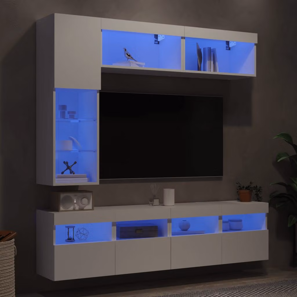 Set di mobili TV da parete vidaXL in 7 pezzi con luci LED integrate, colore bianco – 1