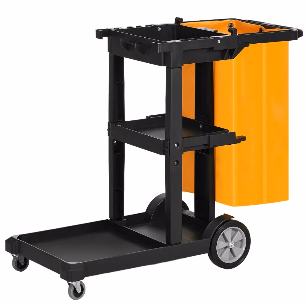 Carrello per pulizie Minimal con 3 ripiani, ganci e sacco, nero, grigio e giallo, L: 121 cm, P: 50,5 cm, H: 96,5 cm – 2