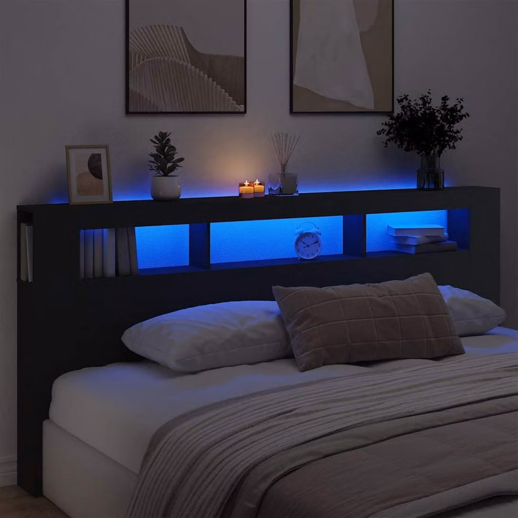 Testiera con LED e porta USB vidaXL Nera in Legno Multistrato, L: 220 cm, P: 18,5 cm, H: 103,5 cm
