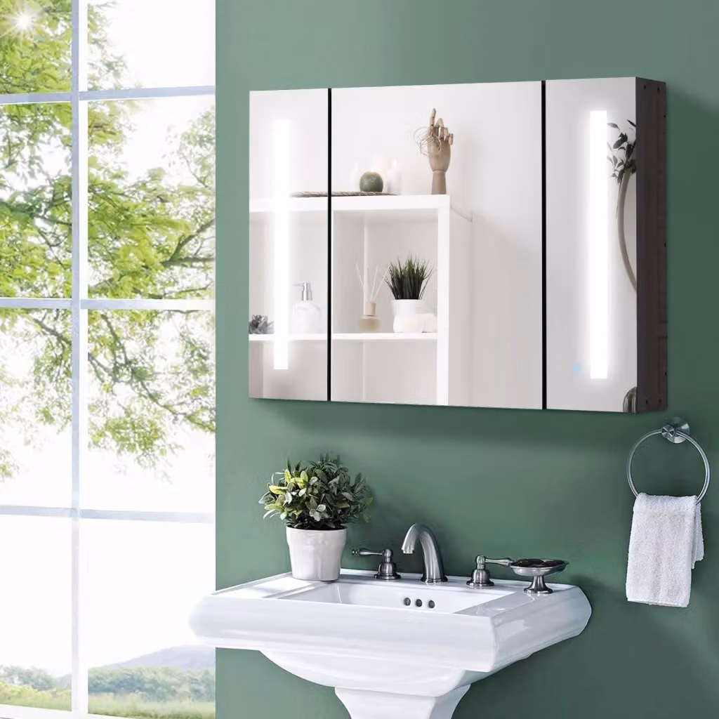 Armadietto da bagno con specchio GIORDANOSHOP nero lucido con illuminazione LED e sensore L/P/H: 90 x 15 x 65 cm – 2