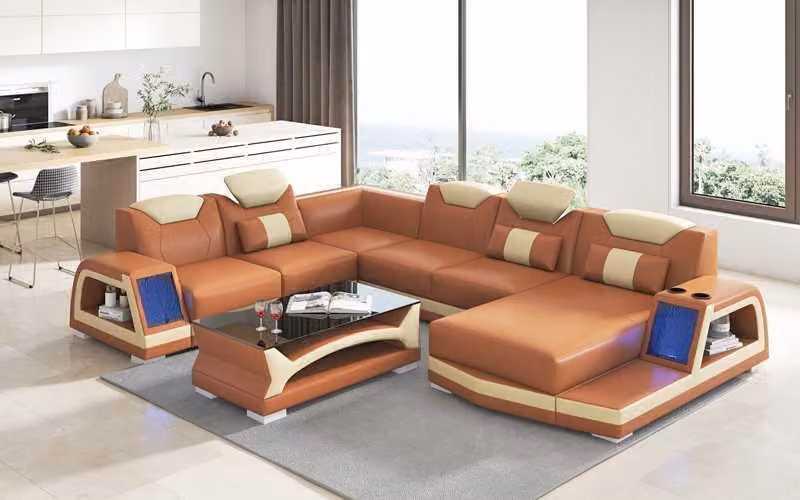 Ecksofa Modern Wohnlandschaft Sofa U-Form Groß Ledersofa Braun Sofas
