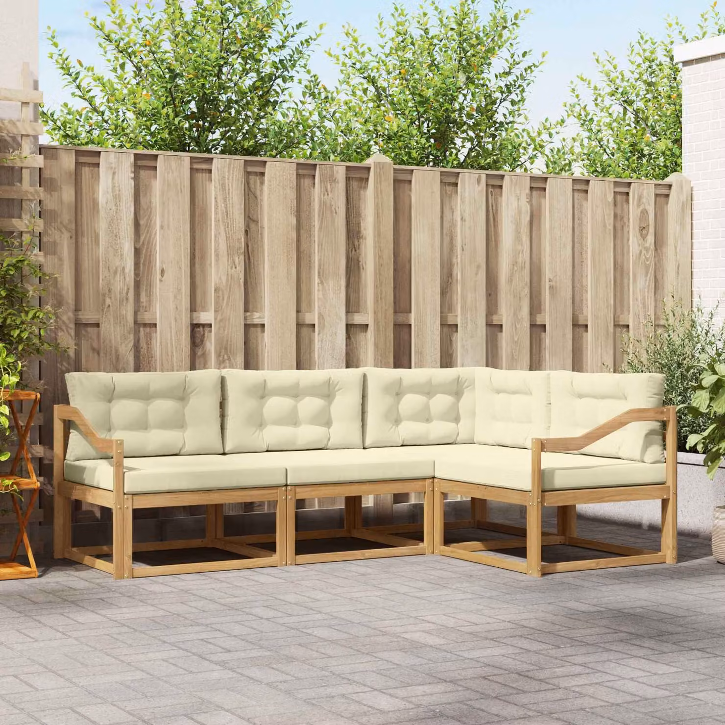 Set di divani da esterno a L vidaXL in legno di acacia con cuscini, Bianco, Beige e Marrone
