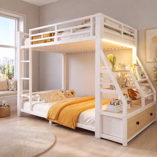 Letto a castello 90 × 200 cm con LED, 2 cassetti in tessuto, ripiani, senza materasso, bianco