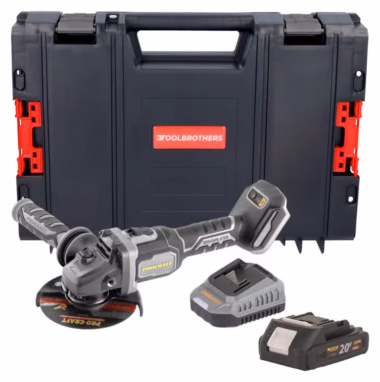 Smerigliatrice angolare a batteria Procraft Industrial AG125Bbb 20 V 125 mm Brushless + 1x batteria 2,0 Ah + caricabatteria + valigetta porta attrezzi RHINO