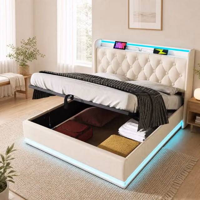 Letto matrimoniale 180x200 cm con LED; contenitore idraulico e USB-C; rivestimento PU bianco
