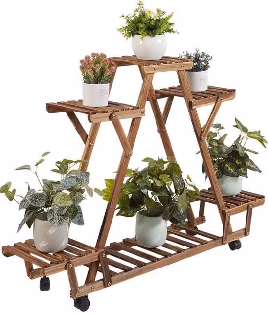 Supporto per piante ItsIn® in legno marrone con 6 superfici e ruote L/P/H: 91 x 25 x 81 cm