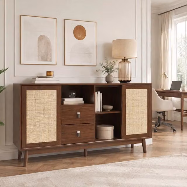 Madia REDOM in MDF e legno con 3 ante scorrevoli in rattan e 2 cassetti, colore marrone, L/P/H: 155 x 38 x 80 cm – 1