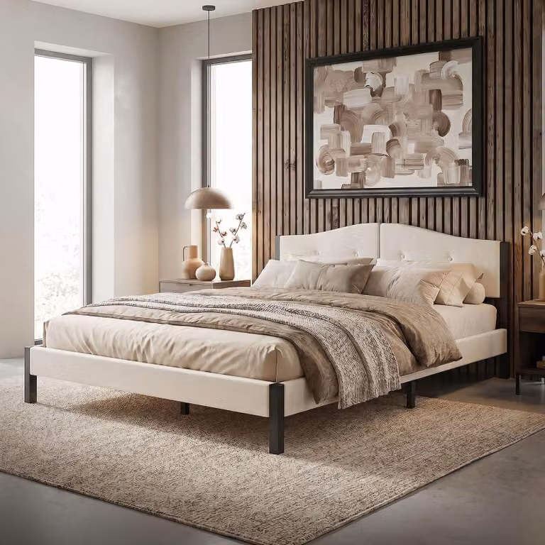 Letto imbottito ML-Design 160x200 cm, beige, letto matrimoniale con solida struttura, testiera, rete a doghe e rivestimento in lino. Letto moderno per ragazzi.