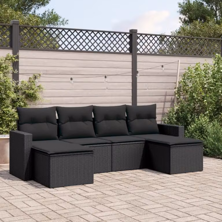 Set Divano da Giardino a L vidaXL in Polyrattan Nero con 6 Cuscini e Ottoman