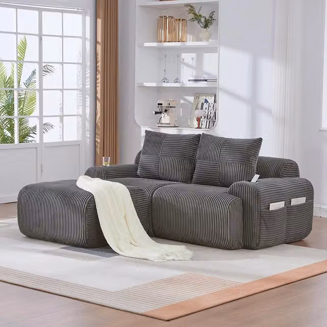 Canap¨¦ modulable in velluto costato per 2 persone - Xylo - Con pouf, porta-bevande e tascone laterale