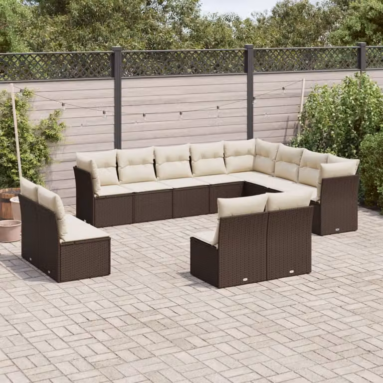 vidaXL Set Divani da Giardino 12 pz a Forma a U in Polyrattan Marrone e Bianco con Cuscini Imbottiti e Coperture Rimovibili