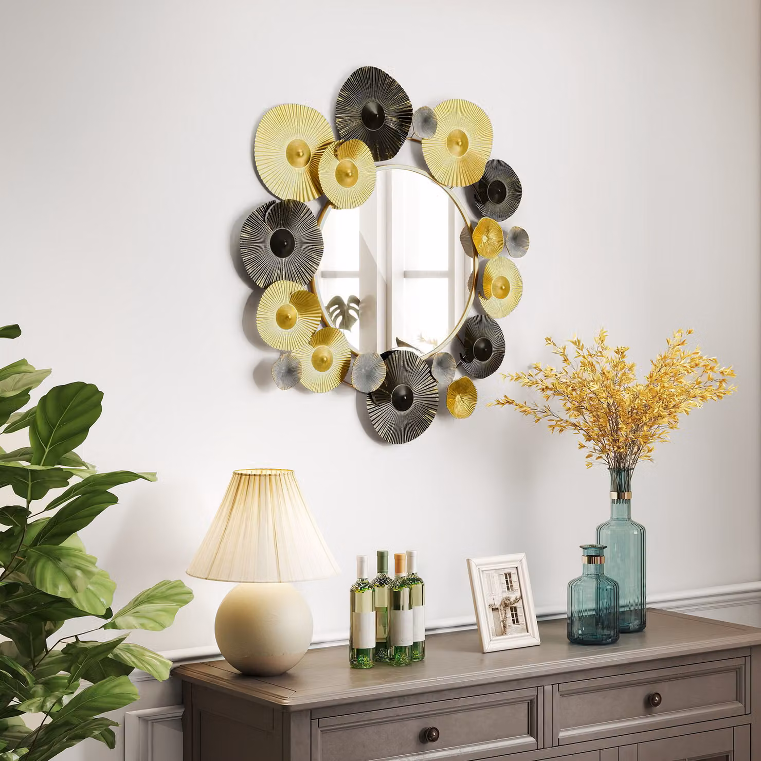 Specchio decorativo da parete HOMCOM in metallo moderno con design astratto rotondo, Oro e Nero, L 84 cm x H 84 cm – 2