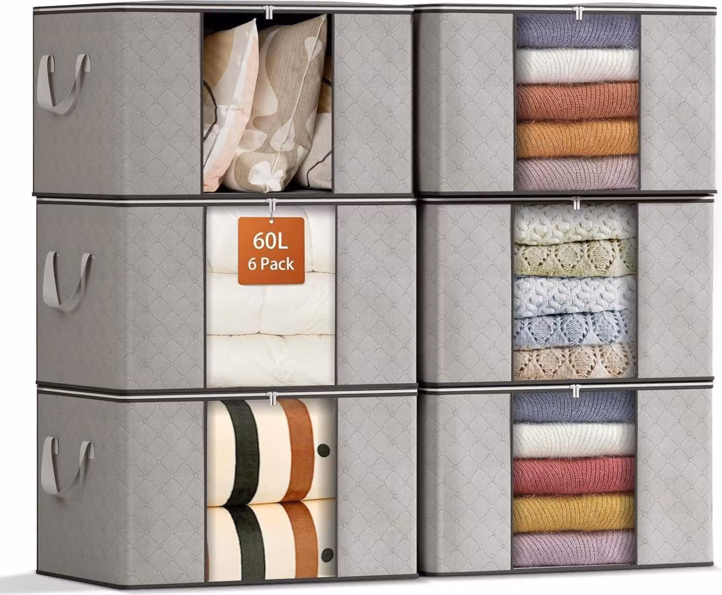 Contenitore con coperchio, 6 pezzi, 60L, Grigio, Finestra trasparente, Maniglie rinforzate