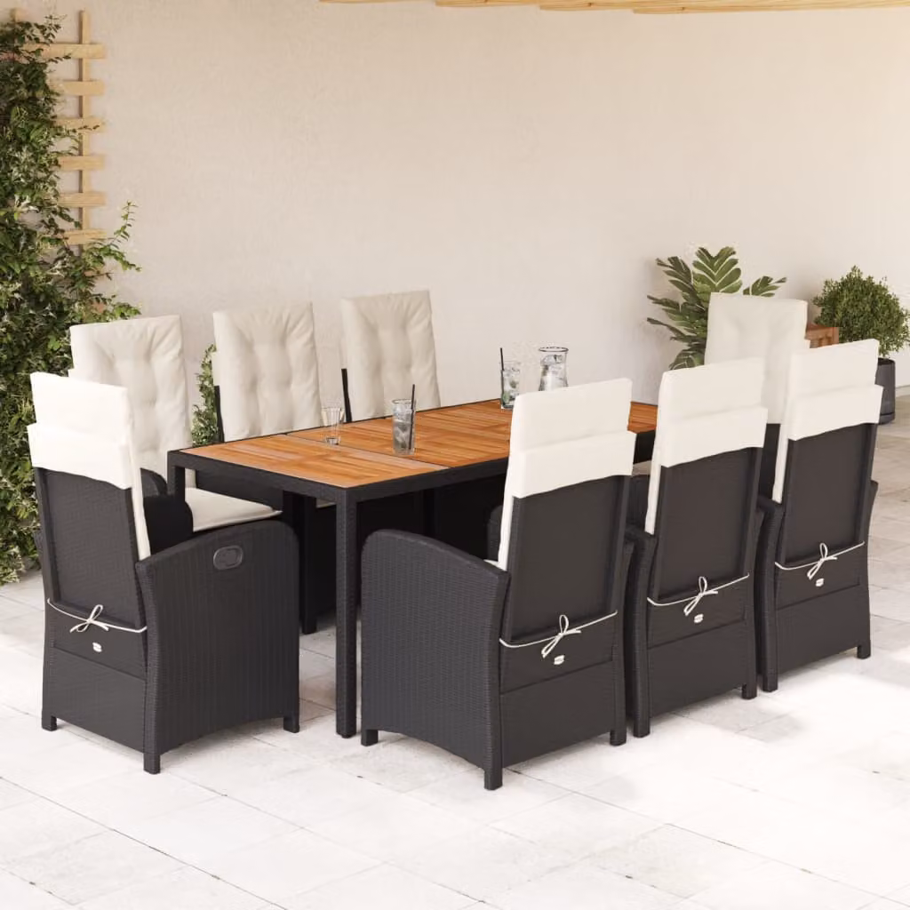 vidaXL Set da Pranzo da Giardino 9 pz in Polyrattan e Legno di Acacia con Cuscini Nero – 1
