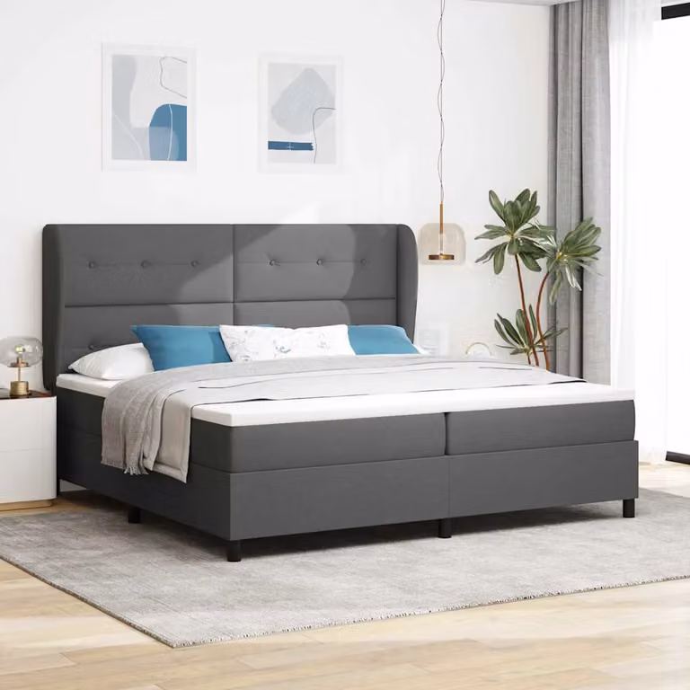 Letto a molle con testiera vidaXL in tessuto grigio, L/P: 200 x 200 cm
