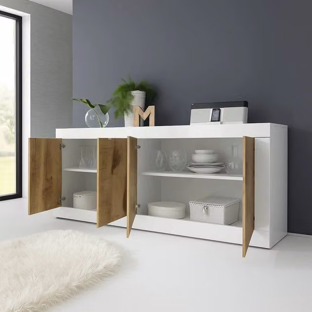 Madia Poli DMORA, Credenza moderna con 2 ripiani, L: 207 cm, P: 43 cm, H: 86 cm, Bianco Lucido