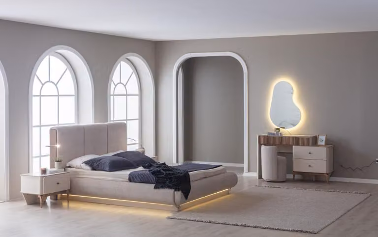 Bett Set mit Nachttisch und Schminktisch für modernes Schlafzimmer