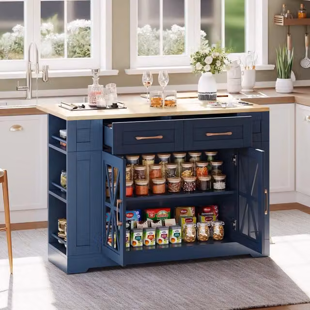 Isola da cucina portatile 120cm - Zephmum - Tavolo pieghevole, ripiano aperto, AC/USB, vetro, rotelle con freno