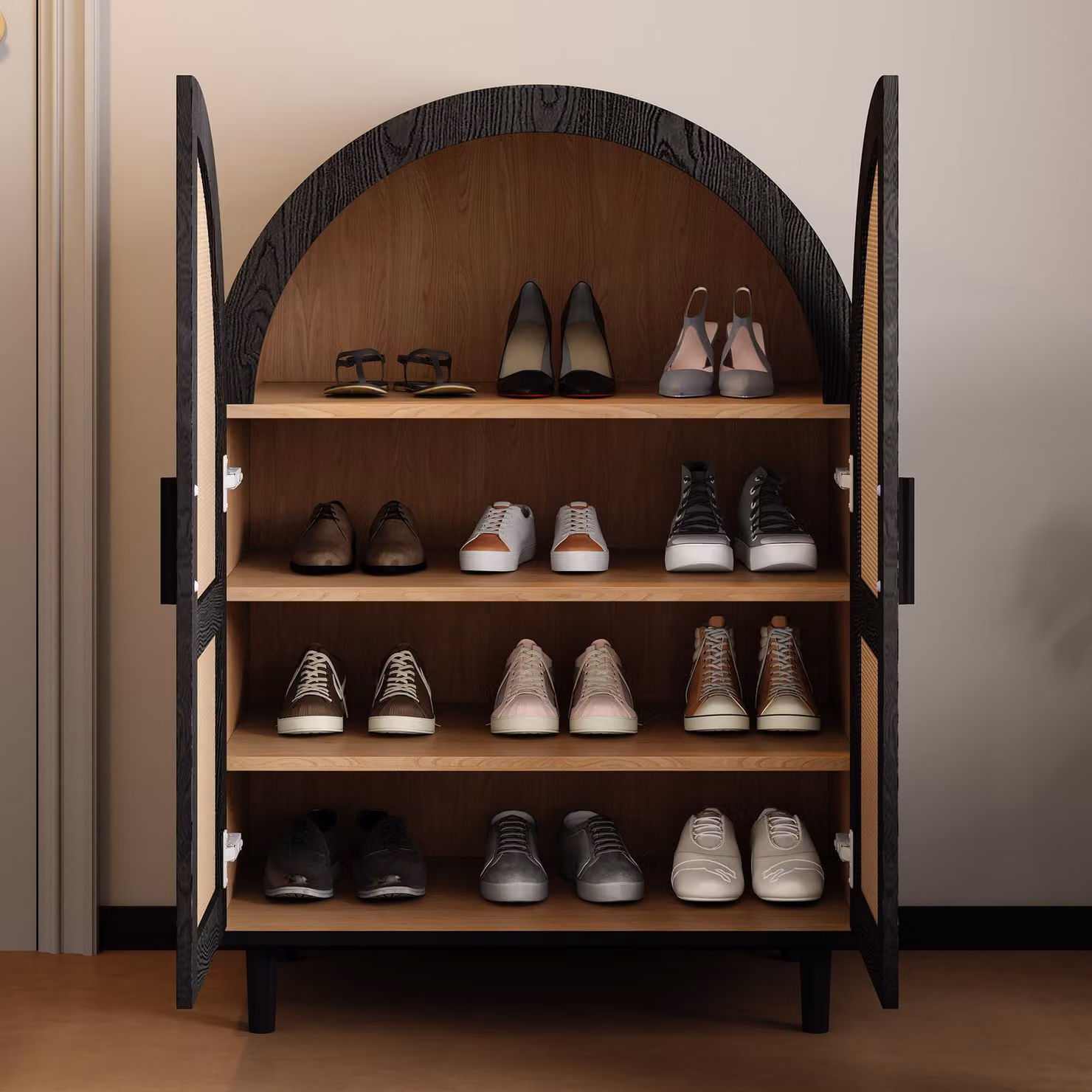 Mobile porta-scarpe moderno GL Store con ante in rattan e struttura in metallo, L: 70 cm, P: 40 cm, H: 100 cm, Colore naturale e nero – 2