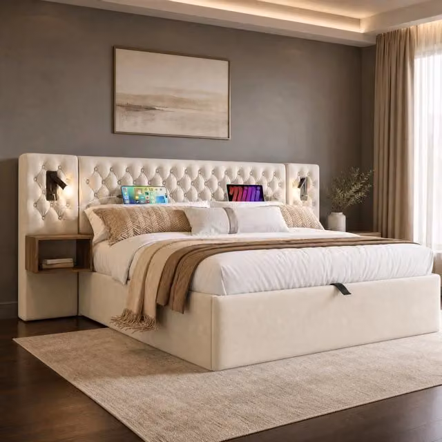 Letto contenitore ULEVR 180x200 cm con 2 comodini, luci LED, USB e Type-C, velluto beige