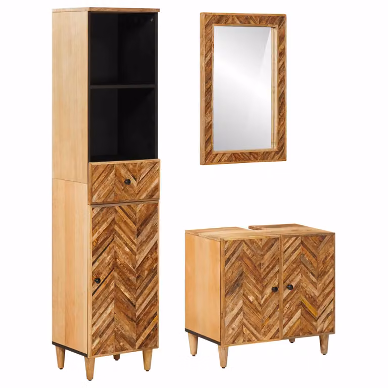 Set di 3 armadi da bagno moderni vidaXL in legno color mango, comprensivo di mobile lavabo, armadietto con specchio e colonna alta, L/P/H: 62 x 33 x 58 cm