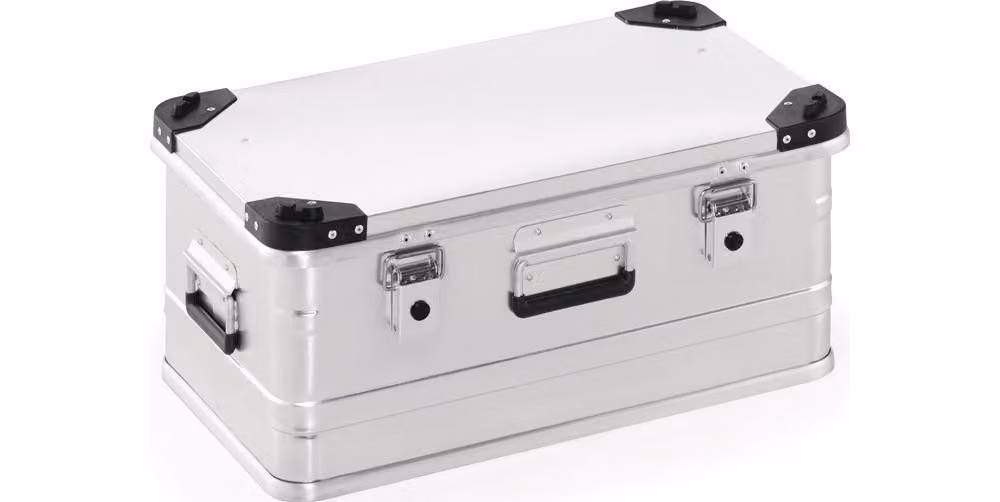 Cassetta in alluminio L582xL385xH275mm 47 l con coperchio incernierato e angoli impilabili