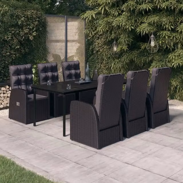 Set da pranzo da giardino vidaXL in polyrattan nero con piano in vetro e 7 pezzi – 1