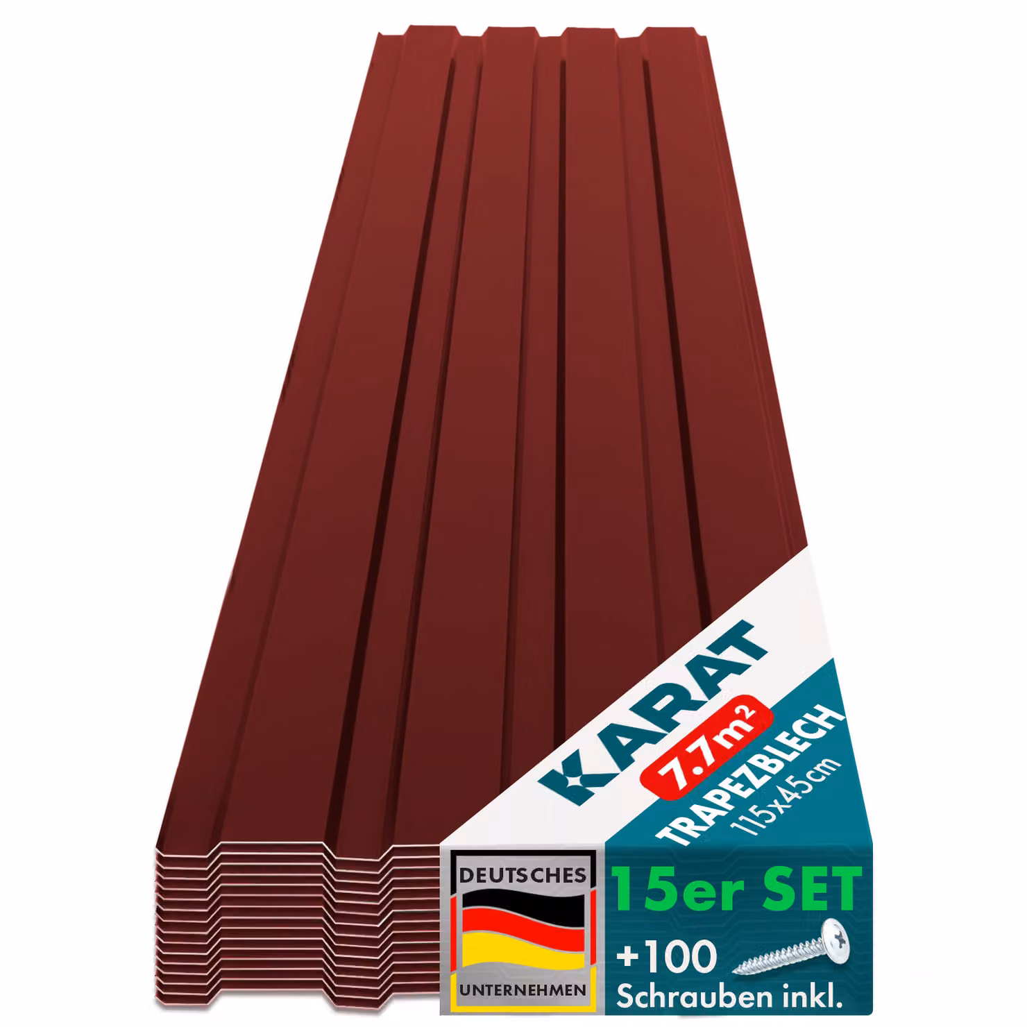 Set di lamiere trapezoidali Karat, 15 pezzi, 115x45 cm, lamiera per tetto 7,7 m² con viti incluse, lamiera zincata per pareti, lamiera profilata resistente alle intemperie per tettoie e casette da giardino, rosso