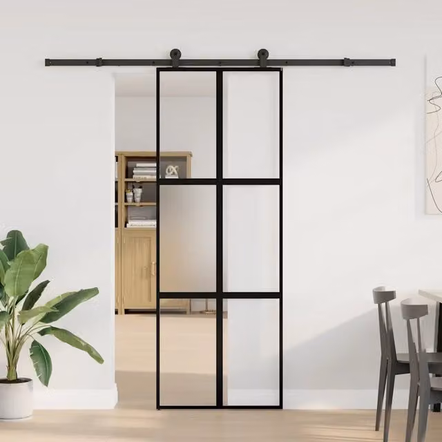 Porta Scorrevole Moderna vidaXL in Alluminio e Vetro Temperato Trasparente con Profilo Nero L: 76 cm, H: 205 cm