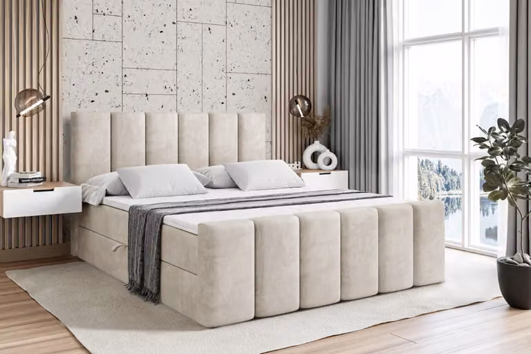 Letto boxspring ALTDECOR con pediera, materasso H4 e topper - 200x200 cm - BOXI1-Z - Velluto color taupe - Letto imbottito con contenitore e rete a doghe, letto con spazio contenitivo