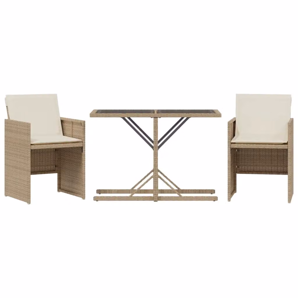 Set da Bistrò vidaXL in Polyrattan con Cuscini Beige e Piano in Vetro, 3 Pezzi – 2