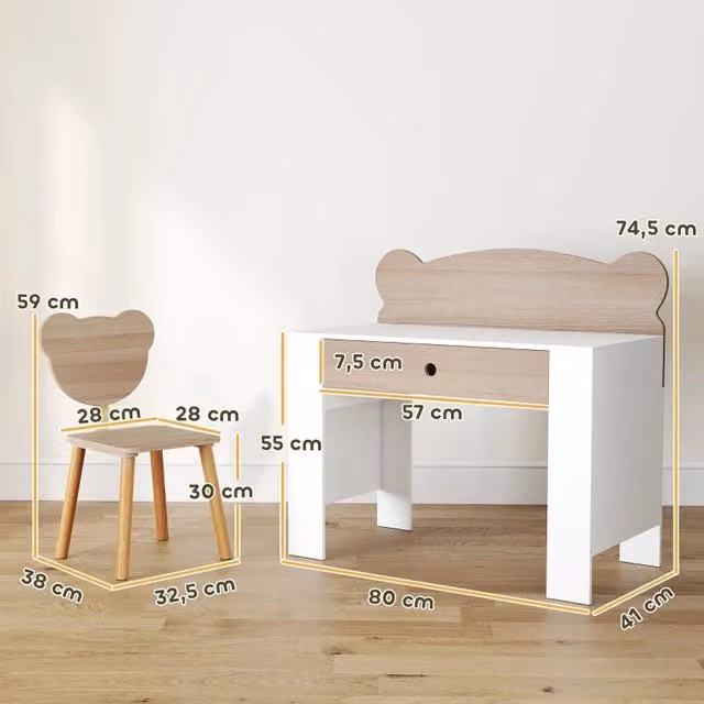 Set scrivania per bambini con sedia, cassetto e schienale a forma di orso, in legno naturale