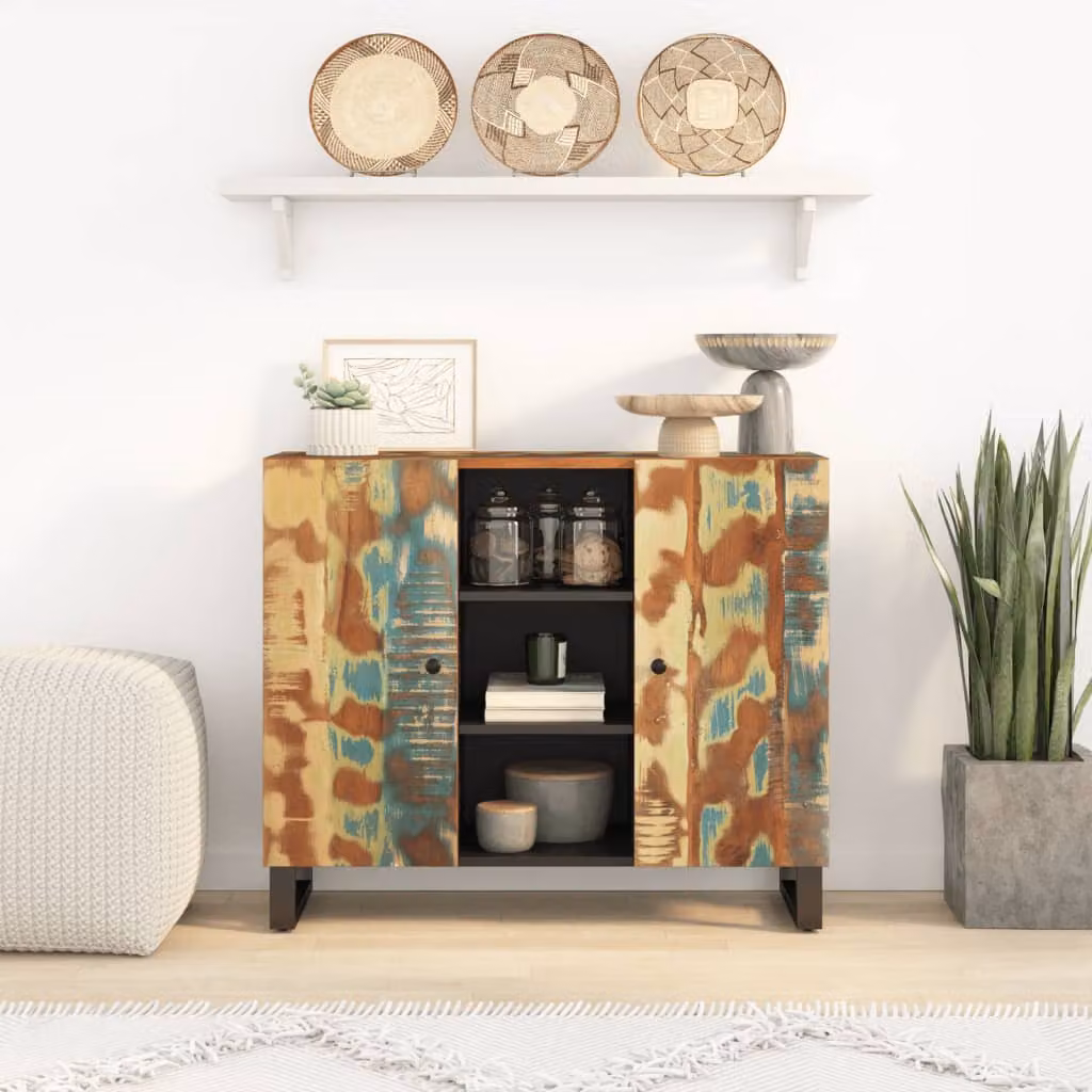 Credenza vidaXL con 2 Ante in Legno Massello di Recupero Multicolore L 90 cm, P 33 cm, H 75 cm