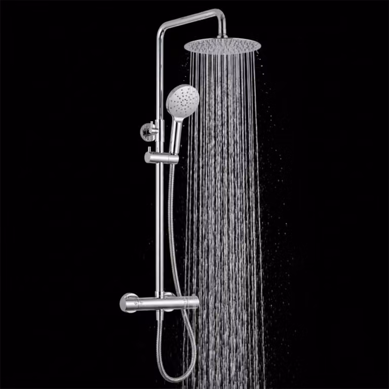Miscelatore doccia termostatico, soffione doccia rotondo, colonna doccia regolabile, finitura cromata
