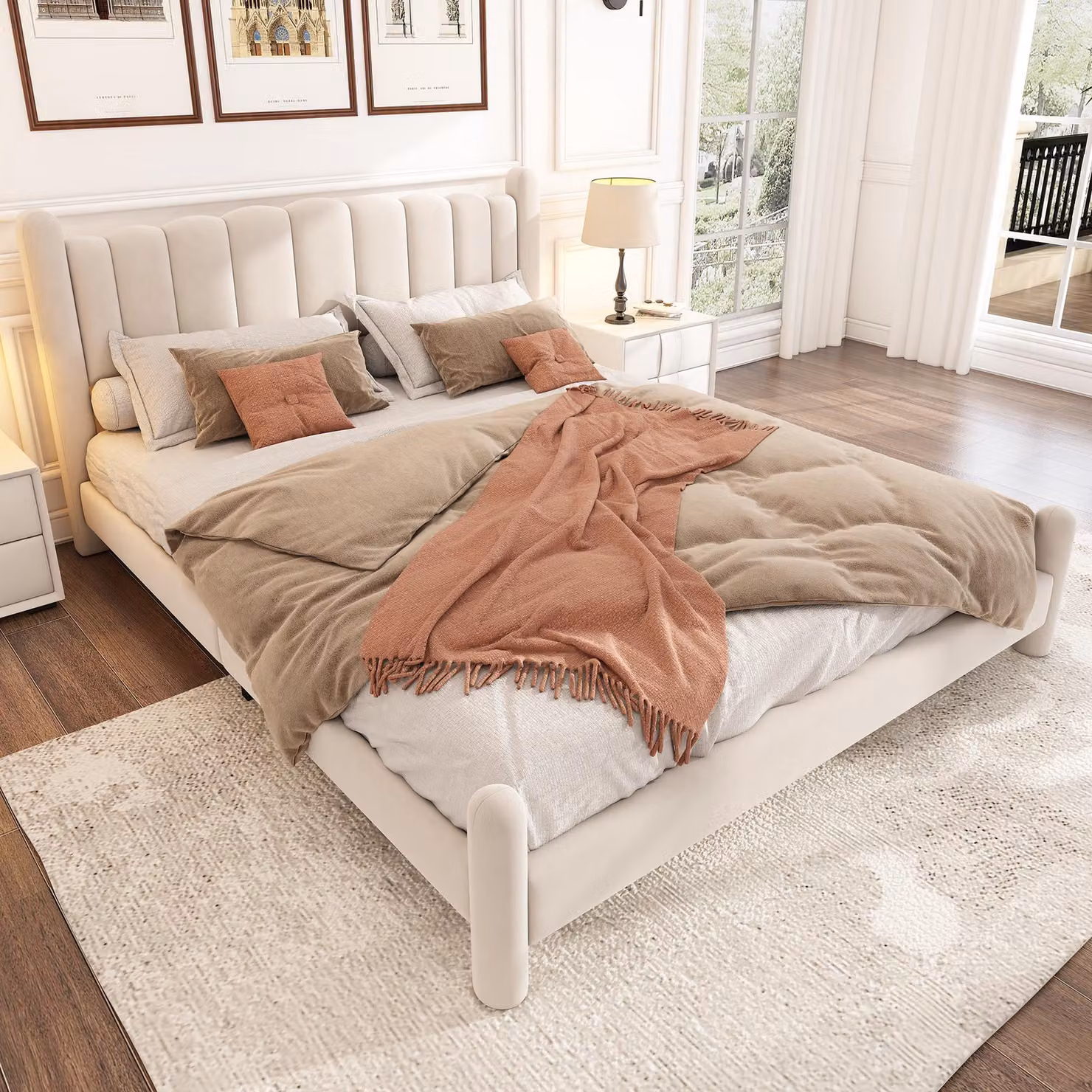 Letto imbottito 180 x 200 cm con rete a listelli, testiera a forma di onda, rivestimento in velluto, piedi cilindrici, capacità di carico fino a 300 kg, colore beige