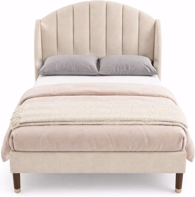 Letto singolo 90x200 in velluto beige con testiera e rete a doghe， senza materasso