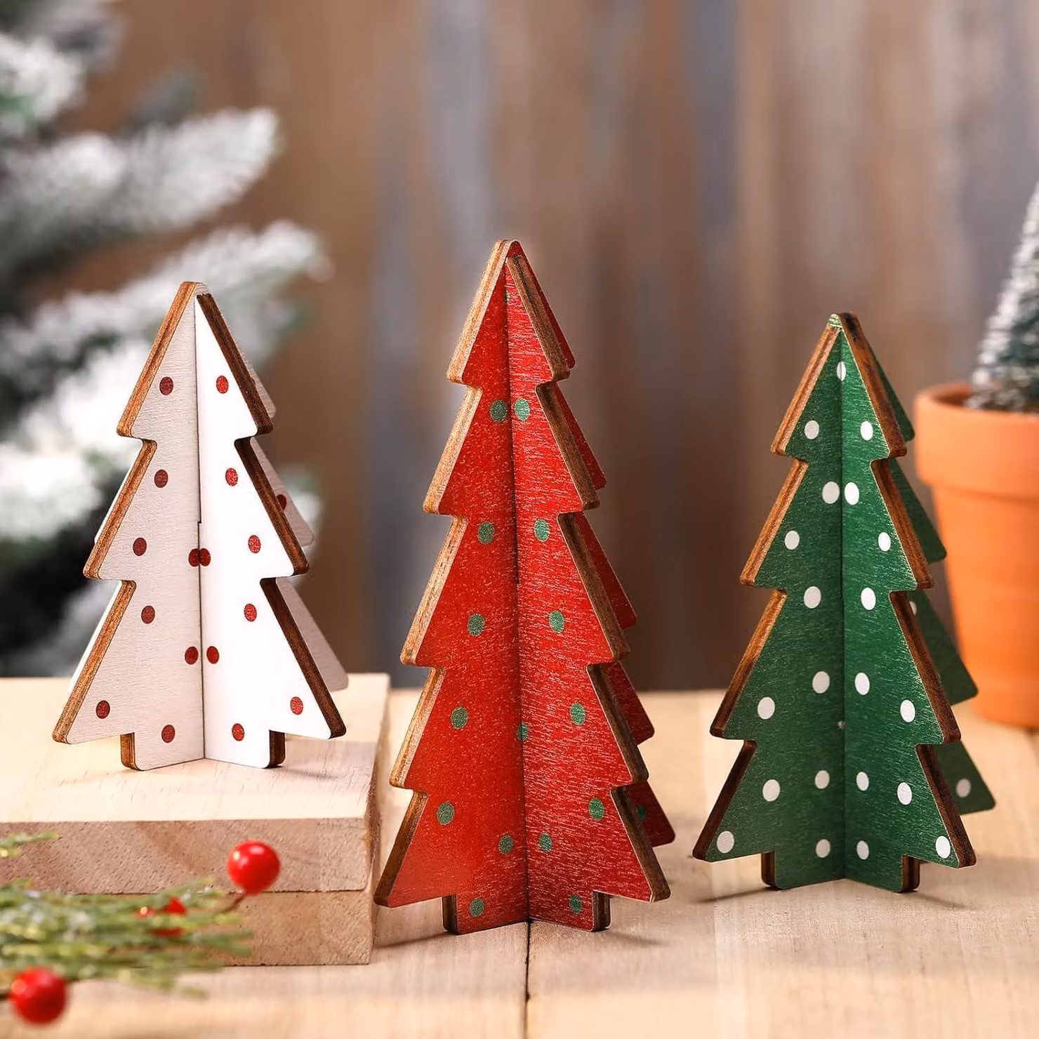 Decorazioni natalizie in legno, set da 3, mini alberi di abete rustici