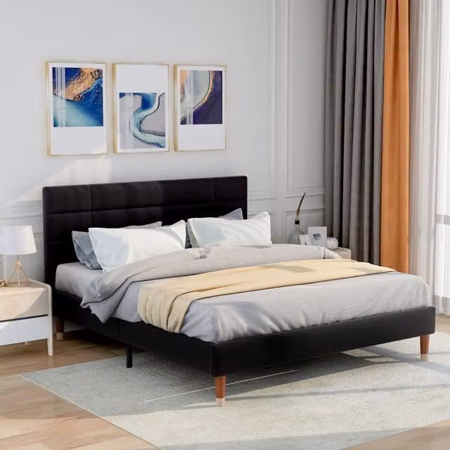 Letto matrimoniale Mivray con rete a doghe e testiera imbottita in lino nero, L/P/H: 140 x 200 x 101 cm