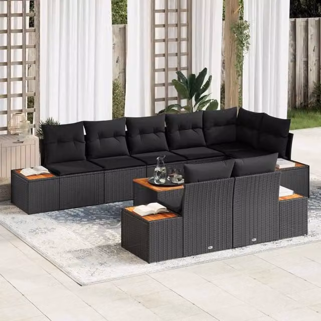 Set Divano da Giardino 8 pz 8-Numero di posti Nero Polyrattan 3356783