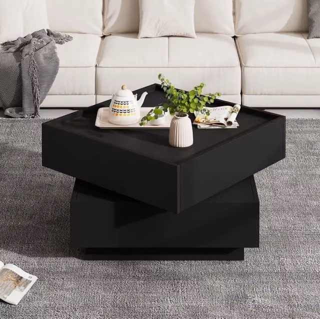 Tavolino da caffè 60x60x38 cm nero, piano girevole 360° e 2 cassetti, truciolare