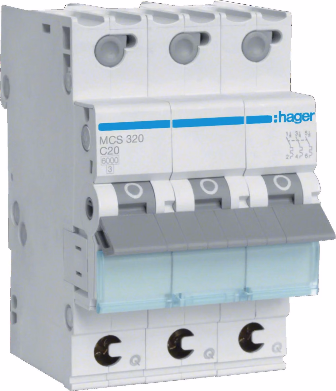 Interruttore LS Hager a 3 poli 6 kA caratteristica C 20 A 3 moduli Hager MCS320, 1 pz.
